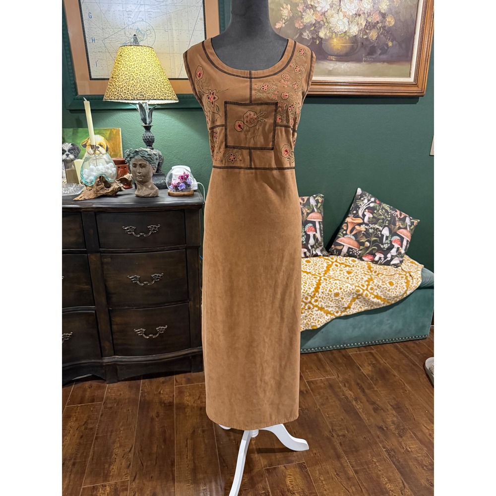 White Stag Tierra Brown Faux Suede‎ Floral Embroidered Maxi Dress Large 12/14